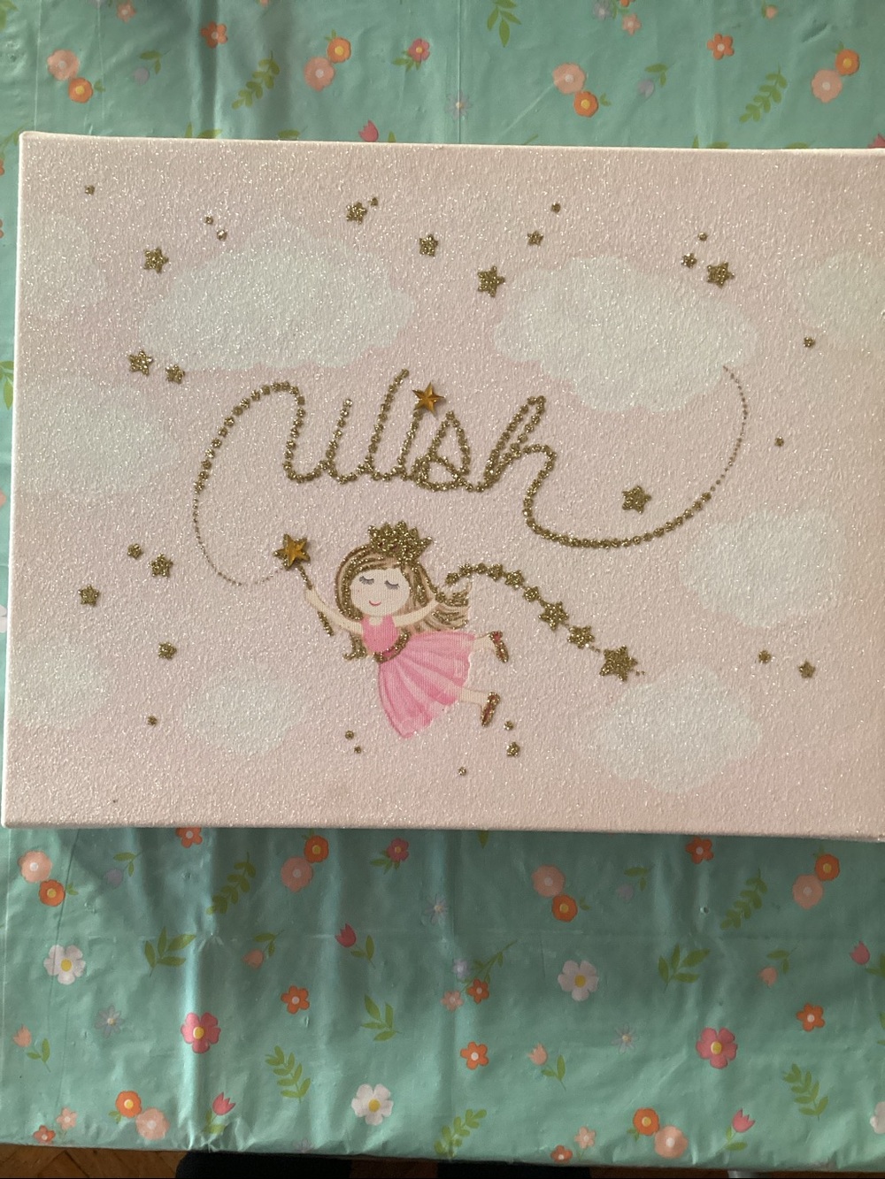 Colleen Karis Designs Gold “Wish” Word & Pink Glitter Fairy Canvas Art